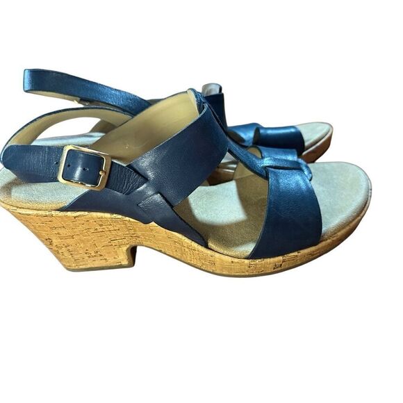 CLARKS Womens Size 10 Blue Cork Wedge Platform Leather Sandals Shoes Comfortable - Picture 2 of 13